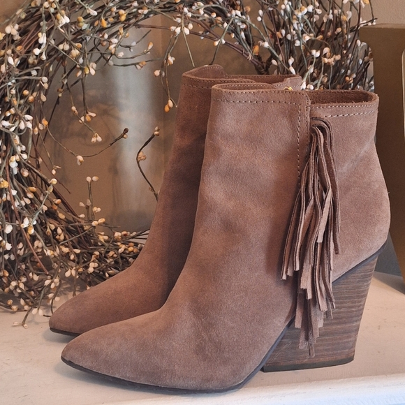 Isola Fringed Suede Leather Ankle Heeled Boots - Taupe Brown 6 - Picture 2 of 16